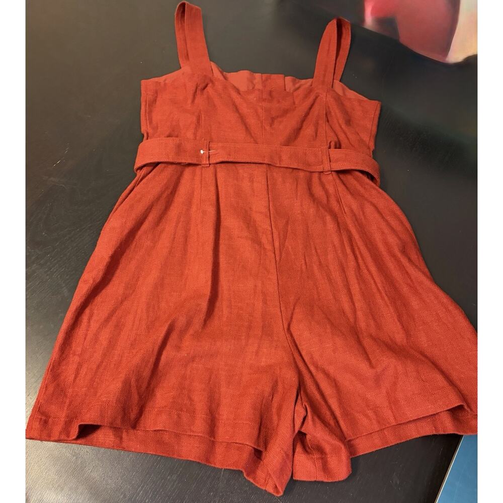 NWT Boho Coastal Linen Blend Belted Romper Rust Utility Safari Pockets Women 10 - Picture 4 of 13